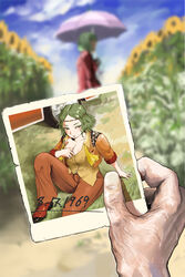  1other alternate_costume alternate_hairstyle ascot blurry blurry_background blush breasts car cleavage closed_mouth collared_shirt colored_eyelashes commentary_request female flower garden_of_the_sun grass green_hair highres hippie holding holding_photo kazami_yuuka large_breasts motor_vehicle on_ground open_clothes open_shirt open_vest orange_pants orange_vest outdoors pants parted_bangs photo_(object) pink_umbrella pov pov_hands red_eyes red_footwear red_vest shirt shoes short_hair sukkiri_place sunflower timestamp touhou umbrella undone_ascot vest wavy_hair yellow_ascot yellow_flower yellow_shirt 