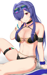  absurdres arm_support azur_lane bare_shoulders bead_bracelet beads belly_chain bikini black_bikini black_choker bracelet breasts choker cleavage collarbone commentary eyewear_on_head female groin hair_intakes hair_over_one_eye hand_on_own_cheek hand_on_own_face highres jewelry large_breasts long_hair looking_at_viewer midriff mole mole_on_thigh multi-strapped_bikini navel o-ring o-ring_bikini official_alternate_costume pazuzu438 purple_hair purple_scrunchie red_eyes scrunchie shadow side-tie_bikini_bottom sidelocks simple_background sitting skindentation smile solo sunglasses sweat swimsuit thigh_strap trento_(azur_lane) trento_(summer&#039;s_hotness?)_(azur_lane) very_long_hair white_background wrist_scrunchie wristlet 