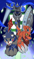  ambiguous_gender armor bandai_namco bear bearmon black_markings blue_eyes cape chaosgallantmon claws clothing digimon digimon_(species) feral grey_body group guilmon hat head_markings headgear headwear hi_res humanoid mammal markings melee_weapon open_mouth red_body red_markings reptile riza23 scalie shield sword teeth toe_claws tongue trio weapon yellow_eyes 