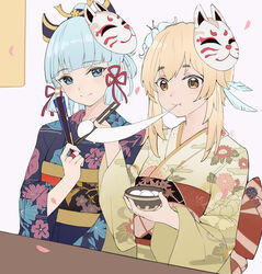  2girls alternate_costume amco aqua_eyes aqua_hair blunt_bangs bow bowl chopsticks commentary eating flower folding_fan food fox_mask genshin_impact hair_flower hair_ornament hair_ribbon hairbow hand_fan head_tilt holding holding_bowl holding_chopsticks holding_fan japanese_clothes kamisato_ayaka kimono long_hair looking_at_another lumine_(genshin_impact) mask mask_on_head mochi mochi_trail mole mole_under_eye multiple_girls obi petals ponytail ribbon sash short_hair short_hair_with_long_locks sidelocks simple_background smile table wide_sleeves yukata 