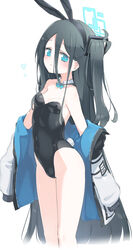  animal_ears aris_(blue_archive) bare_shoulders black_hair black_hairband black_leotard blue_archive blue_bow blue_eyes bow breasts closed_mouth collar commentary_request detached_collar fake_animal_ears female hair_between_eyes hairband halo heart highres homura_subaru jacket leotard leotard_under_clothes long_hair long_sleeves off_shoulder one_side_up open_clothes open_jacket playboy_bunny puffy_long_sleeves puffy_sleeves rabbit_ears rabbit_tail simple_background sleeves_past_fingers sleeves_past_wrists small_breasts smile solo strapless strapless_leotard tail very_long_hair white_background white_collar white_jacket wing_collar 