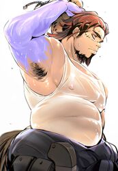  1boy armpit_hair armpits bags_under_eyes bara boogeyman_(housamo) brown_hair colored_skin commentary_request facial_hair goatee highres isuke long_sideburns male_focus mature_male multicolored_hair muscular muscular_male pectorals purple_skin red_eyes scar scar_on_face sideburns solo tokyo_afterschool_summoners 