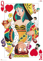  1980s_(style) 6+boys 6+girls bald black_eyes black_hair blue_eyes breasts brown_hair card cherry_(urusei_yatsura) cleavage fujinami_ryuunosuke green_hair hat heart highres holding holding_sword holding_weapon king_(playing_card) king_of_hearts_(playing_card) kurama_(urusei_yatsura) long_hair looking_at_viewer lum mendou_shuutarou miyake_shinobu moroboshi_ataru multicolored_hair multiple_boys multiple_girls non-web_source official_art open_mouth pink_hair playing_card queen_(playing_card) queen_of_hearts_(playing_card) ran_(urusei_yatsura) retro_artstyle sakura_(urusei_yatsura) short_hair smile sword ten_(urusei_yatsura) two-tone_hair urusei_yatsura weapon 