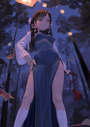  black_dress bracelet breasts brown_eyes brown_hair china_dress chinese_clothes closed_mouth commentary dress earrings eyeball_bracelet eyeball_bracelet_girl_(fkey) feet_out_of_frame female fkey from_below frown hand_on_own_hip highres holding jewelry kneehighs long_hair long_sleeves night ofuda original outdoors pelvic_curtain serious small_breasts socks solo sword symbol-only_commentary tassel thighs tree v-shaped_eyebrows weapon white_socks yin_yang yin_yang_earrings 