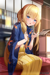  animal_print bad_id bad_twitter_id blonde_hair blue_eyes blue_kimono blunt_bangs blurry blurry_background blush depth_of_field english_commentary feet_out_of_frame female fish_print floral_print hakama hakama_skirt hands_up hololive hololive_english indoors japanese_clothes kimono koi long_hair long_sleeves looking_at_viewer money_gesture mujinbensin official_alternate_costume official_alternate_hair_length official_alternate_hairstyle ok_sign open_mouth patreon_username print_kimono sitting skirt solo twintails virtual_youtuber watson_amelia watson_amelia_(new_year) wide_sleeves yellow_hakama 