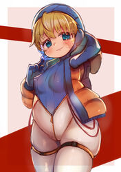  absurdres animification apex_legends backpack bag blonde_hair blue_eyes bodysuit breasts commentary female highres jacket looking_at_viewer scar scar_on_cheek scar_on_face short_hair smile solo standing wattson_(apex_legends) yaibaken zipper 