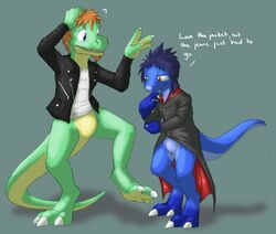  after_transformation anthro bottomless clothed clothing digitigrade dinosaur dromaeosaurid duo extinct featureless_crotch green_body jacket kyrio kyrio_the_raptor_(kyrio) long_coat male prehistoric_species reptile scalie shirt t-shirt tail theropod thick_tail topwear 