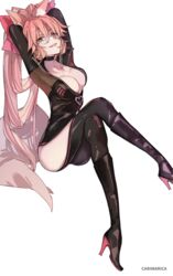  animal_ear_fluff animal_ears arms_up black_bodysuit blush bodysuit boots bow breasts carimarica center_opening choker cleavage commentary_request fate/grand_order fate_(series) female fox_ears fox_girl fox_tail glasses hair_between_eyes hairbow high_heel_boots high_heels hip_vent knee_boots koyanskaya_(assassin)_(first_ascension)_(fate) koyanskaya_(fate) large_breasts long_hair looking_at_viewer open_mouth pink_bow pink_hair ponytail sidelocks sitting smile solo tail tamamo_(fate) yellow_eyes 