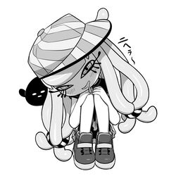  blush clownfish eyelashes female fish greyscale harmony&#039;s_clownfish_(splatoon) harmony_(splatoon) hat highres hugging_own_legs long_hair looking_at_viewer monochrome o_den shoes short_sleeves sideways_hat simple_background sitting sneakers solo splatoon_(series) splatoon_3 striped_clothes striped_headwear tentacle_hair tropical_fish very_long_hair 