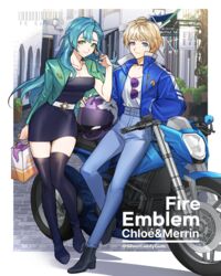  2girls absurdres ahoge alternate_costume aqua_hair bag black_choker black_dress black_footwear blonde_hair blue_eyes blue_jacket blue_pants boots breasts chloe_(fire_emblem) choker cleavage commentary commission contemporary dress fire_emblem gloves green_eyes green_jacket hand_up helmet high_collar highres holding holding_bag holding_helmet jacket long_hair looking_at_viewer medium_breasts merrin_(fire_emblem) motor_vehicle motorcycle motorcycle_helmet multiple_girls open_clothes open_jacket outdoors pants pixiv_commission shirt shoes shopping_bag short_dress short_hair silvercandy_gum smile standing strapless strapless_dress thigh_boots tube_dress very_long_hair white_gloves white_shirt zettai_ryouiki 