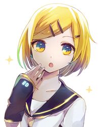  1boy :o androgynous arm_warmers black_sailor_collar blonde_hair bloom collarbone commentary hair_ornament hairclip hand_on_own_chin highres kagamine_len kagamine_len_(if) looking_at_viewer male_focus necktie sailor_collar shirt solo sparkle swept_bangs upper_body vocaloid wakolenrin white_background white_shirt yellow_eyes yellow_necktie 