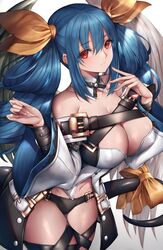  angel_wings asymmetrical_wings bare_shoulders black_panties blue_hair bow breasts center_opening cleavage cleavage_cutout clothing_cutout commentary cowboy_shot detached_collar detached_sleeves dizzy_(guilty_gear) feathered_wings female guilty_gear guilty_gear_xrd hair_ribbon hands_up large_breasts leaning_forward leg_ribbon long_hair long_sleeves looking_at_viewer mature_female monster_girl multiple_straps navel no_pants panties red_eyes revealing_clothes ribbon shirt sidelocks simple_background smile snm_(sunimi) solo standing stomach tail tail_bow tail_ornament thigh_ribbon thighs twintails underwear white_shirt wide_sleeves wings 