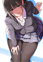  arm_support black_cardigan black_hair black_pantyhose black_skirt blunt_bangs cardigan collared_shirt commentary_request female hand_on_own_thigh highres looking_at_viewer nyoijizai open_mouth original pantyhose plaid plaid_skirt pleated_skirt purple_eyes school_uniform shirt sidelocks simple_background sitting skirt smile solo uniform white_shirt 