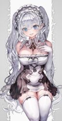  bare_shoulders blue_eyes breasts cleavage commentary elbow_gloves female frilled_hairband frills garter_straps gloves grey_background hair_between_eyes hairband highres large_breasts long_hair looking_at_viewer maid original solo symbol-only_commentary thighhighs twintails two-tone_background very_long_hair voruvoru white_background white_gloves white_hair white_thighhighs 