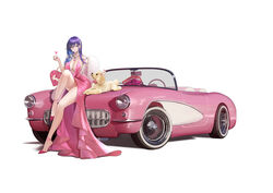  absurdres anklet bag barbie_(franchise) barbie_(live_action) bare_arms bare_shoulders blue_hair bow breasts canine car character_request chevrolet chevrolet_corvette chevrolet_corvette_c1 cleavage clothes_lift cowl_neck dress dress_lift earrings feather_boa feet female flower full_body gem gradient_hair hair_between_eyes hair_ornament hairclip handbag heart high_heels highres holding holding_bag houchi_shoujo jewelry large_breasts legs long_hair maki_(user_fyjx4337) motor_vehicle multicolored_hair nail_polish necklace no_bra pink_bow pink_car pink_dress pink_nails pink_theme plunging_neckline poodle purple_eyes purple_hair rose sideboob sitting smile solo steering_wheel strappy_heels thigh_strap toe_cleavage vehicle_focus 