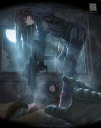  1other 3girls adjusting_hair ammunition_pouch black_hair blood boots broken_window bullpup camouflage camouflage_jacket camouflage_pants commentary_request commission corpse cross-laced_footwear dark death digital_camouflage finger_on_trigger gloves glowing glowing_eyes gun guro hair_ornament hairpin headset highres holding holding_gun holding_weapon indoors iwi_x95 jacket laser_sight leaning_forward light_rays long_hair looking_at_viewer mixed-language_commentary moon moonlight multiple_girls night optical_sight original pants pixiv_commission pouch pov purple_eyes qr_code reaching reflex_sight slit_pupils submachine_gun sunbeam sunlight suppressor tactical_clothes thigh_pouch tom-neko_(zamudo_akiyuki) weapon 