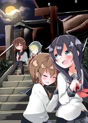  4girls akatsuki_(kancolle) anchor_symbol black_sailor_collar black_thighhighs blue_eyes blush brown_eyes brown_footwear brown_hair closed_eyes flashlight folded_ponytail full_moon grey_hair hair_between_eyes hair_ornament hairclip hibiki_(kancolle) highres ikazuchi_(kancolle) inazuma_(kancolle) kantai_collection loafers long_hair long_sleeves moon multiple_girls natsuyoshi_(natsun) neckerchief open_mouth purple_eyes purple_hair red_neckerchief sailor_collar school_uniform serafuku shoes short_hair shrine thighhighs 