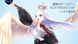  ajina_centralspirit angel_wings belt blouse blue_eyes bow bowtie crown detached_sleeves eternity_sword_series feathered_wings female highres kojima_hirokazu shirt sword weapon white_hair white_shirt wings yuukyuu_no_euphoria 