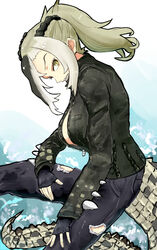  adeshi_(adeshi0693119) arm_rest asymmetrical_hair black_gloves black_pants braid breasts clenched_teeth crocodilian_tail denim female fingerless_gloves french_braid from_side gloves green_eyes green_hair green_jacket grey_hair hand_on_own_knee high_ponytail highres jacket jeans kemono_friends large_breasts leaning_forward long_hair long_sleeves looking_at_viewer multicolored_hair no_bra pants partially_unzipped saltwater_crocodile_(kemono_friends) sharp_teeth sitting slit_pupils solo spikes tail teeth torn_clothes torn_jeans torn_pants zipper zipper_pull_tab 