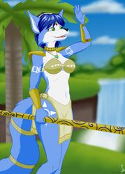  anthro blue_body blue_fur blue_hair canid canine clothed clothing digital_media_(artwork) female fox fur hair hi_res jorge-the-wolfdog krystal_(star_fox) krystal_appreciation_month mammal nintendo open_mouth solo staff star_fox white_body white_fur 