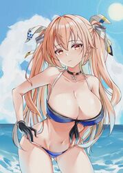  absurdres bikini black_choker black_gloves blue_bikini blue_sky breasts brown_eyes choker cleavage cloud cowboy_shot day female gloves hair_ribbon highres horizon johnston_(kancolle) johnston_kai_(swimsuit_mode)_(kancolle) kanesada_dp kantai_collection large_breasts leaning_forward light_brown_hair long_hair ocean official_alternate_costume outdoors ribbon sky solo swimsuit two_side_up 