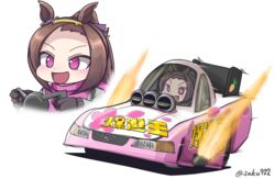  absurdres alternate_costume animal_ears bodysuit brown_hair car commentary female flower_in_eye ford ford_mustang ford_mustang_sn95 funny_car gloves hairband high_ponytail highres horse_ears horse_girl itasha motor_vehicle national_hot_rod_association pink_eyes race_vehicle racecar sakura_bakushin_o_(umamusume) sakusan_(ss-awesome) signature solo steering_wheel symbol_in_eye umamusume vehicle_focus 