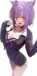  :d absurdres animal_ears bad_id bad_twitter_id black_choker black_sweater breasts cat_ears choker cleavage collared_shirt cowboy_shot female hands_up harusame_(user_wawj5773) highres hololive long_sleeves looking_at_viewer medium_breasts neck_ribbon nekomata_okayu nekomata_okayu_(oversized_shirt) no_pants oerba_yun_fang official_alternate_costume open_mouth purple_eyes purple_hair ribbon shirt short_hair smile solo sweater undershirt virtual_youtuber white_shirt 