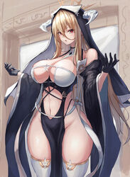  azur_lane bare_shoulders black_gloves blonde_hair breasts cleavage fake_horns female gloves habit hands_up highres horns implacable_(azur_lane) large_breasts long_bangs long_hair looking_at_viewer midriff moppo navel nun open_mouth pelvic_curtain red_eyes sideboob solo stomach thighhighs thighs white_thighhighs wide_hips 