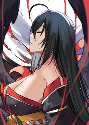  absurdres ahoge artist_name azur_lane bare_shoulders black_hair black_kimono breasts closed_eyes cosplay dead_or_alive dead_or_alive_xtreme female from_side hair_between_eyes highres japanese_clothes kimono large_breasts lilycious long_hair nyotengu nyotengu_(cosplay) off-shoulder_kimono off_shoulder sash sideboob solo string string_of_fate taihou_(azur_lane) upper_body yellow_sash 