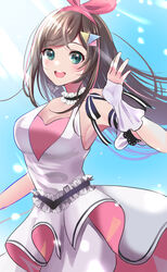  absurdres armpits bare_shoulders blue_eyes breasts brown_hair dress female fingerless_gloves gloves hairband highres kizuna_ai kizuna_ai_(anniversary) kizuna_ai_inc. light_rays long_hair looking_at_viewer materu_(2532) medium_breasts multicolored_hair open_mouth pink_dress pink_hair pink_hairband sky smile solo streaked_hair swept_bangs two-tone_dress virtual_youtuber white_dress white_gloves wind 