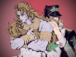  2boys abs biceps black_hair blonde_hair colored_skin dio_brando facial_mark hat heaven_ascended_dio holding holding_another&#039;s_hair jojo_no_kimyou_na_bouken jojo_no_kimyou_na_bouken:_eyes_of_heaven kujo_jotaro less_end long_hair male_focus multiple_boys muscular muscular_male purple_skin scar scar_on_neck shirt star_(symbol) stone_ocean tight_clothes tight_shirt usekh_collar yaoi 