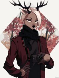  anthro antlers brown_body brown_fur camera clothed clothing deer fur hair hi_res horn leaf male mammal scarf short_hair solo white_hair zuekrz 