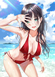  absurdres arm_up bare_shoulders beach bikini black_hair blue_sky breasts cleavage collarbone commentary cowboy_shot day eyes_visible_through_hair female green_eyes halterneck highres large_breasts leaning_forward long_hair looking_at_viewer md5_mismatch mole mole_on_leg mole_on_thigh navel original outdoors red_bikini resolution_mismatch revision side-tie_bikini_bottom sky solo source_smaller standing stomach swimsuit tooku0 water wet 