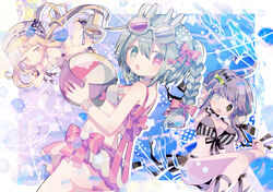  3girls ahoge arm_up ball bangs beachball bikini black_bow black_eyes blonde_hair bow breasts bright_pupils cleavage eyewear_on_head green_eyes green_hair hair_between_eyes hairbow hat hat_bow heterochromia highres holding holding_ball holding_beachball long_hair medium_breasts mob_cap multiple_girls multiple_hair_bows original patate_violet pink_hair pink_ribbon purple_bow rabbit-shaped_eyewear ribbon small_breasts star_(symbol) sunglasses sweat swimsuit treccia_pechemint usagi_nui water whip_(usagi_nui) white_eyes yellow_bow yellow_eyes yellow_pupils 