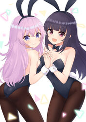  2girls animal_ears black_bow black_bowtie black_hair black_legwear black_leotard blue_eyes bow bowtie brown_eyes commentary_request commission cowboy_shot detached_collar furutori highres holding_hands leotard long_hair looking_at_viewer multiple_girls original pantyhose pink_hair pixiv_commission playboy_bunny rabbit_ears rabbit_tail smile strapless strapless_leotard tail wrist_cuffs 