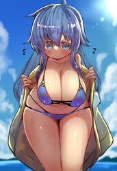  blue_eyes blue_hair blush breasts cloud duel_monster eria_the_water_charmer eyebrows_visible_through_hair female hair_between_eyes highres huge_breasts outdoors robe solo standing swimsuit water yaibaken yu-gi-oh! 