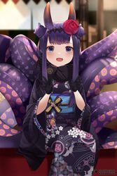  :d black_gloves black_hairband black_kimono black_scarf blue_sash blunt_bangs blurry blurry_background blush braid braided_bun double_bun eyes_visible_through_hair female floral_print flower gloves hair_bun hair_flower hair_ornament hairband hololive hololive_english horns japanese_clothes kimono long_hair long_sleeves looking_at_viewer md5_mismatch mole mole_under_eye mujinbensin ninomae_ina&#039;nis ninomae_ina&#039;nis_(new_year) official_alternate_costume official_alternate_hairstyle print_kimono purple_eyes purple_hair purple_kimono red_flower sash scarf sidelocks smile solo tentacle tentacle_hair virtual_youtuber 