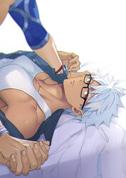  2boys archer_(fate) archer_(summer_casual)_(fate) bespectacled black-framed_eyewear blue_shirt blurry blurry_foreground closed_mouth commentary_request cu_chulainn_(fate) cu_chulainn_(fate/stay_night) cu_chulainn_(second_ascension)_(fate) dark-skinned_male dark_skin depth_of_field emya fate/stay_night fate_(series) glasses holding_hands interlocked_fingers jewelry looking_at_viewer lying male_focus multiple_boys off_shoulder official_alternate_costume on_back open_clothes open_shirt pectorals shirt short_hair single_bare_shoulder solo_focus striped_tank_top tank_top upper_body white_hair yaoi 