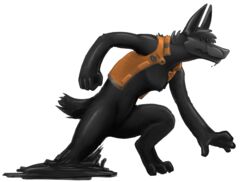  2018 3_toes 4_fingers alpha_channel ambiguous_gender anthro barefoot biped black_body black_eyes black_nose bottomless canid canine chest_tuft clothed clothing digital_drawing_(artwork) digital_media_(artwork) digitigrade featureless_crotch feet fingers fist goo_creature looking_away mammal orange_clothing orange_topwear paws running side_view simple_background small_tail solo tail toes topwear transparent_background tuft verkele walking 