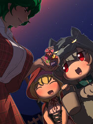  3girls absurdres akira_(cookie) alice_margatroid alternate_costume animal_collar big_bad_wolf blonde_hair blush breasts bucket cloak collar collared_shirt commentary_request cookie_(touhou) cosplay cowboy_shot green_hair halloween highres hood hood_up hooded_cloak ichigo_(cookie) kazami_yuuka large_breasts little_red_riding_hood little_red_riding_hood_(grimm) little_red_riding_hood_(grimm)_(cosplay) multiple_girls nazrin neck_ribbon night nyon_(cookie) okonogi open_mouth plaid plaid_skirt plaid_vest red_cloak red_eyes red_skirt red_vest ribbon shirt shirt_tucked_in short_hair skirt skirt_set smile touhou vest wavy_hair werewolf_costume white_shirt 