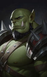  1boy absurdres bald bara bare_pectorals beard closed_mouth colored_skin commentary facial_hair green_skin highres looking_at_viewer male_focus mature_male muscular muscular_male nat_vitchayed orc original pectorals pointy_ears solo thick_eyebrows tusks 