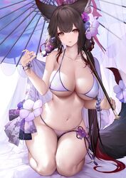  an_yasuri animal_ears bangs banned_artist bare_shoulders blue_archive breasts brown_eyes brown_hair female flower fox_ears hair_between_eyes hair_flower hair_ornament highres large_breasts long_hair looking_at_viewer open_mouth parasol solo stomach swimsuit tail thighs umbrella wakamo_(blue_archive) 