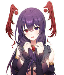  :d a20_(atsumaru) bare_shoulders breasts collar commentary_request detached_sleeves detached_wings female grey_background hands_up head_wings heterochromia holding holding_own_hair juliet_sleeves large_breasts long_hair long_sleeves looking_at_viewer maou_micaela open_mouth puffy_sleeves purple_eyes purple_hair red_eyes simple_background smile solo tensei_project upper_body virtual_youtuber wings 