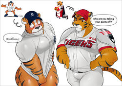  absurd_res anthro baseball_cap baseball_uniform blush bottomless bottomless_male clothed clothing covering covering_crotch covering_self detroit_tigers dialogue duo embarrassed felid fur goldlightyou hat headgear headwear hi_res hogeori kbo_league kia_tigers looking_down male male/male mammal markings mascot mlb muscular muscular_anthro muscular_male open_mouth orange_body orange_fur pantherine paws_(character) pecs shirt sportswear striped_body striped_fur striped_markings stripes talking_to_another text text_on_clothing text_on_hat text_on_headwear text_on_shirt text_on_topwear tiger topwear uniform white_body white_clothing white_fur 