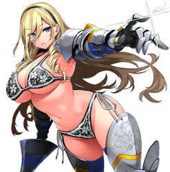  armor armpits bikini bikini_armor black_hairband blonde_hair blue_eyes breasts celia_kumani_entory commentary_request drill_hair eyes_visible_through_hair female floral_print gauntlets greaves hairband happa_(cloverppd) highres holding holding_polearm holding_weapon lance large_breasts long_hair looking_at_viewer navel outstretched_arm pointing polearm side-tie_bikini_bottom simple_background solo swimsuit walkure_romanze weapon white_background 