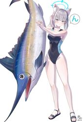  absurdres animal animal_ear_fluff animal_ears artist_name black_one-piece_swimsuit blue_archive blue_eyes blue_halo breasts collarbone competition_swimsuit covered_navel cross cross_hair_ornament earrings extra_ears female fish full_body gangbyeon grey_hair hair_ornament halo highres holding holding_animal holding_fish inverted_cross jewelry legs low_ponytail marlin_(fish) medium_breasts mismatched_pupils official_alternate_costume one-piece_swimsuit sandals shiroko_(blue_archive) shiroko_(swimsuit)_(blue_archive) sidelocks simple_background solo standing stud_earrings swimsuit toenails toes twitter_username two-tone_swimsuit white_background wolf_ears 