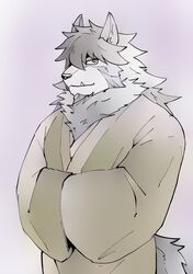  anthro asian_clothing canid canine canis clothed clothing east_asian_clothing fangs fur grey_body grey_fur hair half-length_portrait hi_res japanese_clothing lifewonders looking_at_viewer male mammal portrait simple_background solo srw225we teeth temujin_(tas) tokyo_afterschool_summoners wolf 