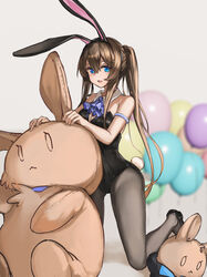  :d absurdres alternate_costume amiya_(arknights) animal_ears arknights ascot balloon bare_shoulders black_footwear black_leotard black_pantyhose blue_eyes breasts brown_hair choshanland_plushy_(arknights) collar female grey_background hair_between_eyes highleg highleg_leotard highres infection_monitor_(arknights) jewelry kneeling leotard long_hair looking_at_viewer omuretu_(butterroru) open_mouth pantyhose playboy_bunny ponytail purple_ascot rabbit_ears rabbit_girl sidelocks small_breasts smile solo strapless strapless_leotard stuffed_animal stuffed_rabbit stuffed_toy white_leotard wrist_cuffs 