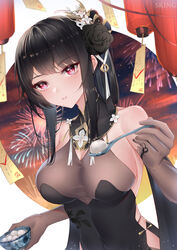  artist_name azur_lane backless_dress backless_outfit bare_shoulders black_flower black_hair black_legwear black_rose breasts chen_hai_(azur_lane) chen_hai_(vestibule_of_wonders)_(azur_lane) china_dress chinese_clothes chinese_commentary cleavage clothing_cutout collarbone covered_navel dessert detached_sleeves dress elbow_gloves female fireworks flower food gloves gold_trim hair_ornament halter_dress halterneck hanging_lantern highres holding holding_spoon lantern lantern_festival large_breasts looking_at_viewer official_alternate_costume paper_lantern parted_lips red_eyes rose see-through sidelocks sking solo spoon tangyuan tight_clothes tight_dress upper_body 