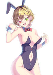  :d animal_ears armpits bad_id bad_pixiv_id bare_shoulders black_leotard blonde_hair blush bow bowtie braid breasts charlotte_(shironeko_project) cleavage clothing_cutout commentary_request cowboy_shot detached_collar dorai fake_animal_ears female green_eyes groin hair_between_eyes hands_up heterochromia highleg highleg_leotard highres leotard looking_at_viewer medium_breasts navel navel_cutout oerba_yun_fang open_mouth playboy_bunny rabbit_ears red_bow red_bowtie red_eyes shironeko_project short_hair sidelocks simple_background smile solo standing strapless strapless_leotard traditional_bowtie white_background wrist_cuffs zipper zipper_pull_tab 